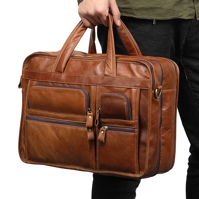 

Men Messenger Split Genuine Leather Handbag Zipper Men's Business Polyester Two Silt Pocket Soft Handle 14 Inch Laptop Briefcase