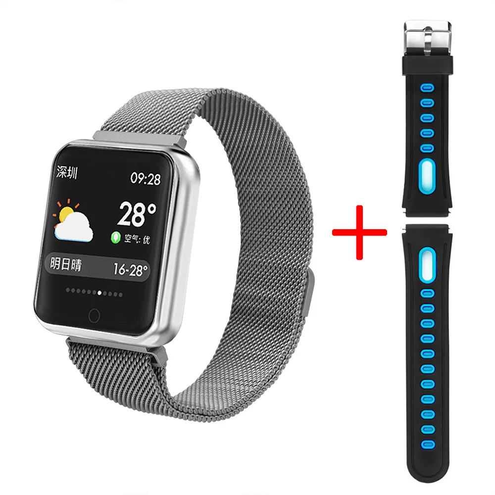 Смарт-часы P68, ремешок IP68, водонепроницаемые, умные часы, динамический пульсометр, монитор артериального давления для iPhone, Android, спортивные часы для здоровья - Цвет: add blue silicone