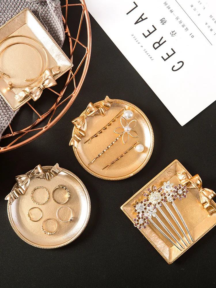 

Small Bow Jewelry Dish Ring Necklace Storage Tray Trinket Dish Ring Candy Holder Bracelet Plate Square Gold