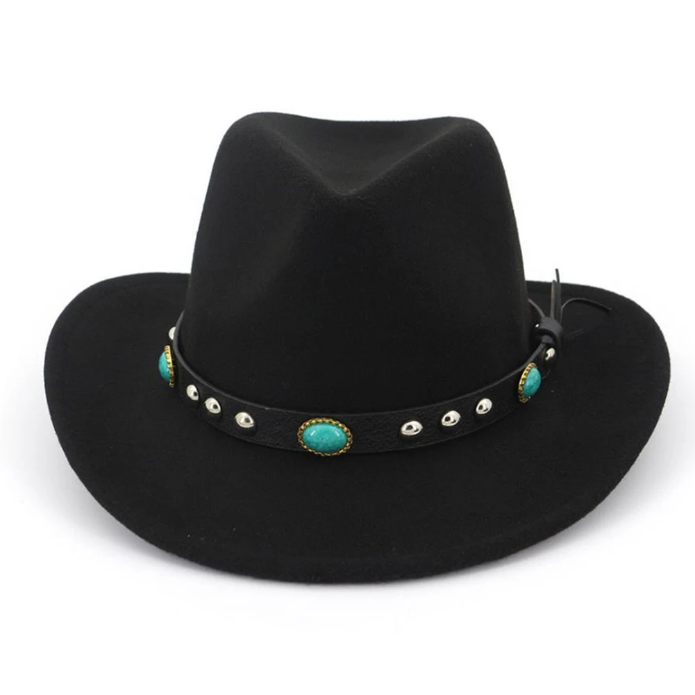 Модная женская и Мужская шерстяная смесь с широкими полями западная ковбойская шляпа Cowgirl Jazz Caps Бирюзовый кожаный ремешок размер 56-58 см - Цвет: BK