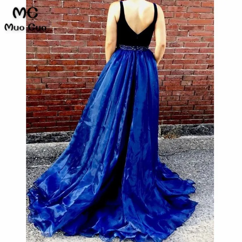 A-Line V-Neck Sweep Train Dark Blue Organza Prom Dress with Beading43