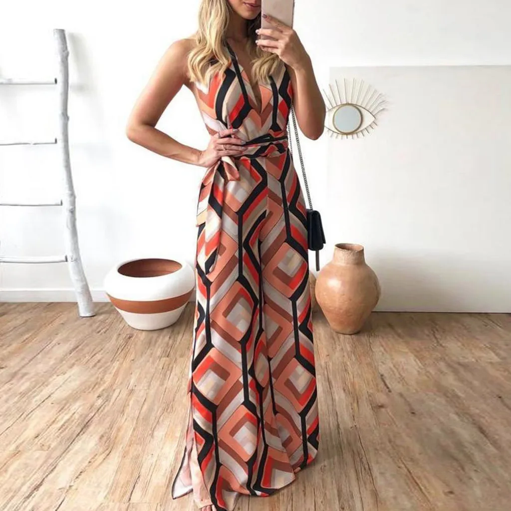 

Women Sleeveless V-neck Printed Bandage Casual Boho Long Playsuit Party Jumpsuit streetwear jumpsuit summer style overalls