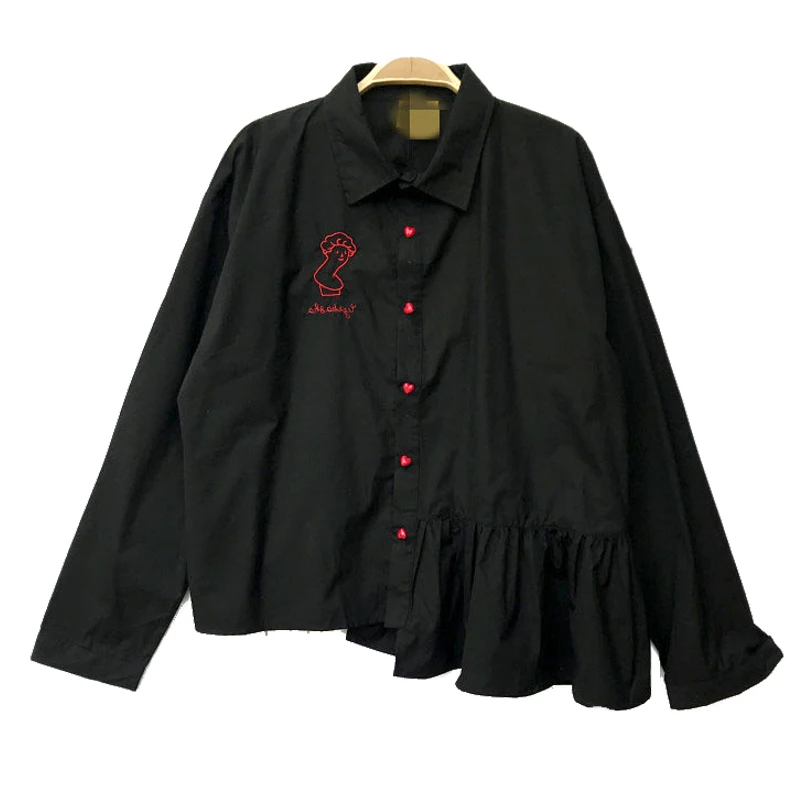 

Casual Women Black Blouse Turn-down Collar Long Sleeved Cartoon Embroidery Female Cotton Shirts Top Short Ruffles Sweet