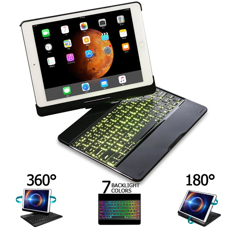 For iPad Pro 11 10.5 9.7 2018 2017 2016 Case Keyboard 360 Rotation 7 Color Backlit Bluetooth Keyboa