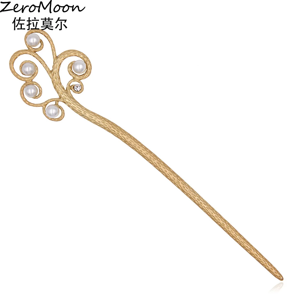 

Chinese Style Matte Gold Branch Pearls Metal Hair Sticks Women Vintage Hairpin Fashion Jewelry