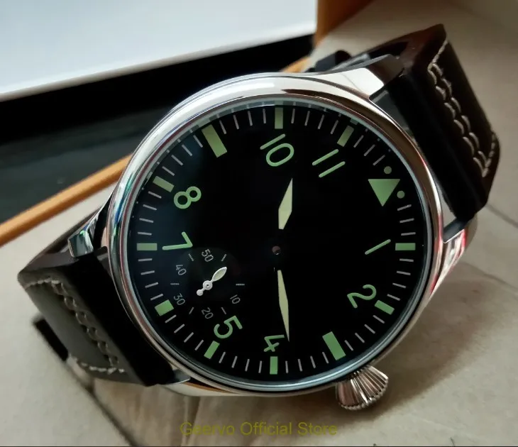 

44mm GEERVO black dial Asian 6498 17 jewels Mechanical Hand Wind movement men's watch green luminous Mechanical watches 037A