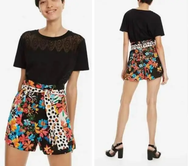 

Spanish DESIGU Printed Belt Fashion Summer Female Shorts