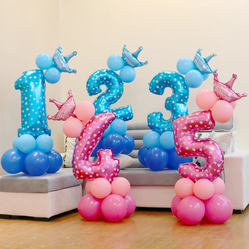 

30inch Numbers 0 to 9 Prince Princess Crown Tiara Balloons Column Set Birthday Baby Boy Girl Shower Arch Garland Decor Pink Blue