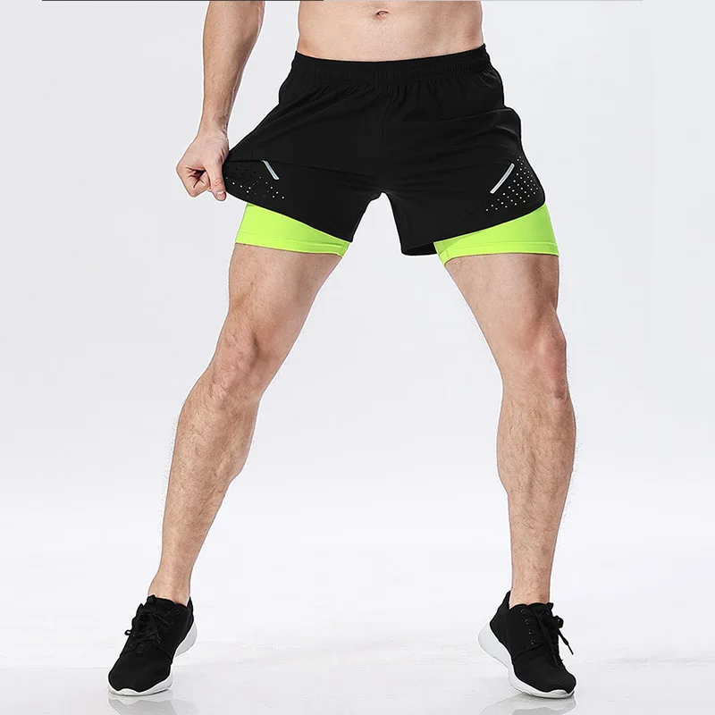 Мужские спортивные шорты 2 в 1 для бега, шорты для быстрого высыхания, тренировочные шорты для бега, велосипедные шорты с удлиненной подкладкой