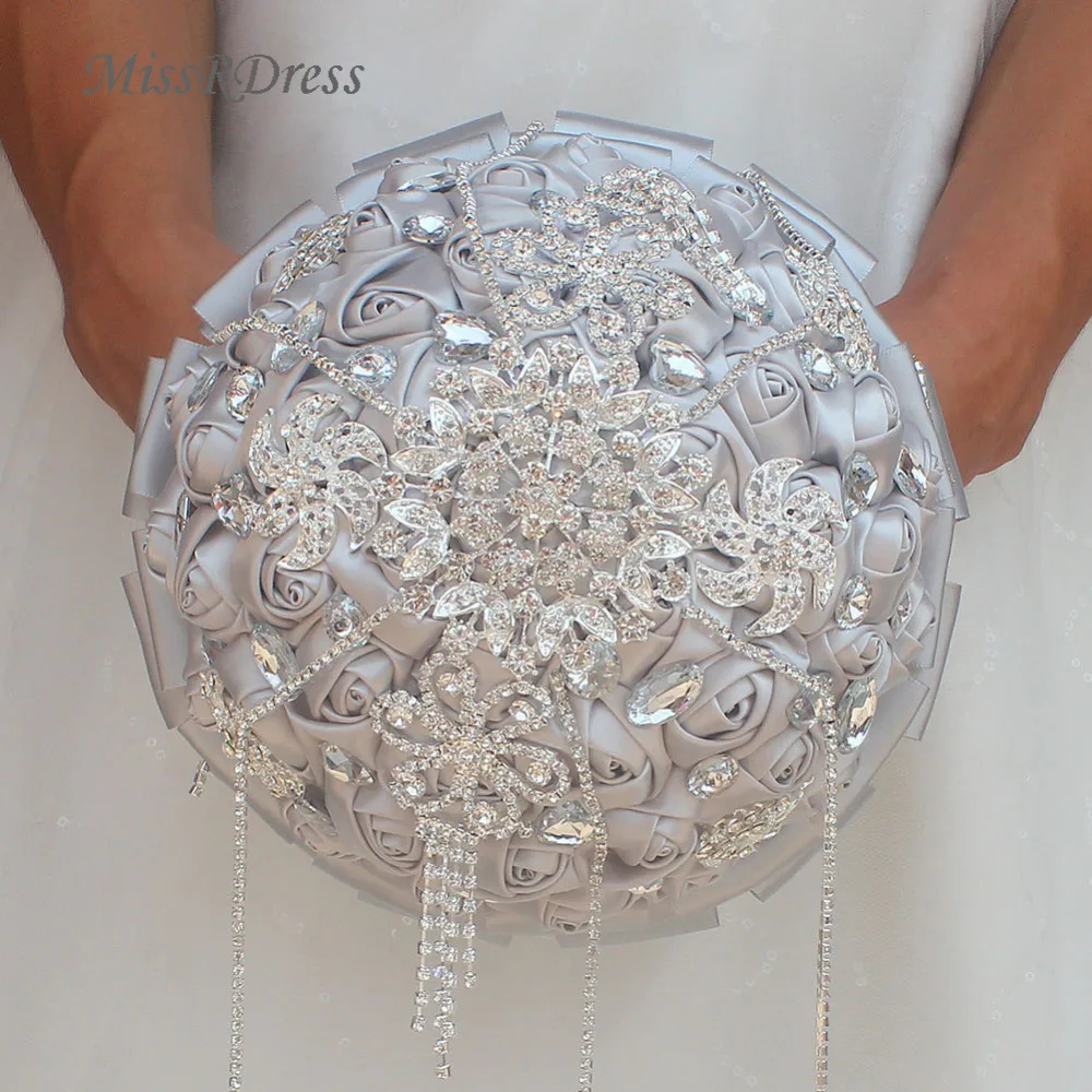 

MissRDress Luxury Crystal Wedding Bouquet Artificial Rose Bridal Bouquets Silver Satin Wedding Flowers De Marriage JK322