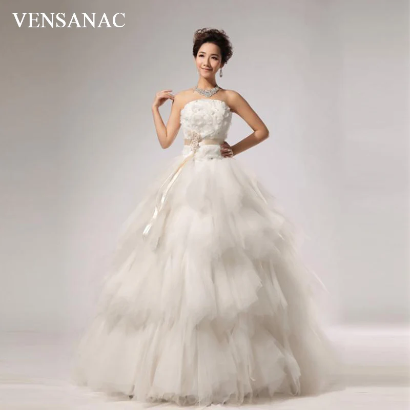 Buy VENSANAC 2018 Crystal Strapless Flowers Sash Ball Gown Lace Wedding Dresses