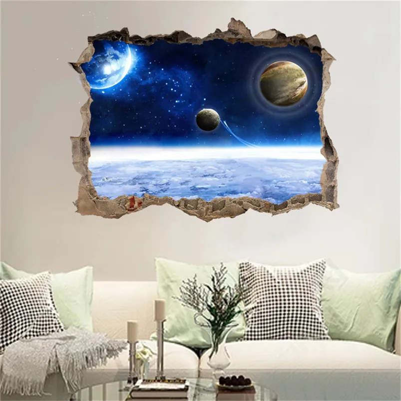 Broken Wall Starry Stickers Muraux 3D Planets Stars Sky Removable Wall Mural Decals Home Decor Adesivo De Parede 30MR715