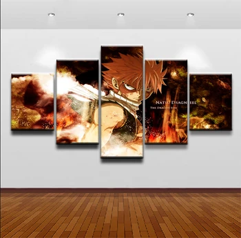

Canvas Wall Art Pictures Frame Home Decor 5 Pieces Anime Fairy Tail Fire Natsu Dragneel Warrior Paintings HD Printed Poster