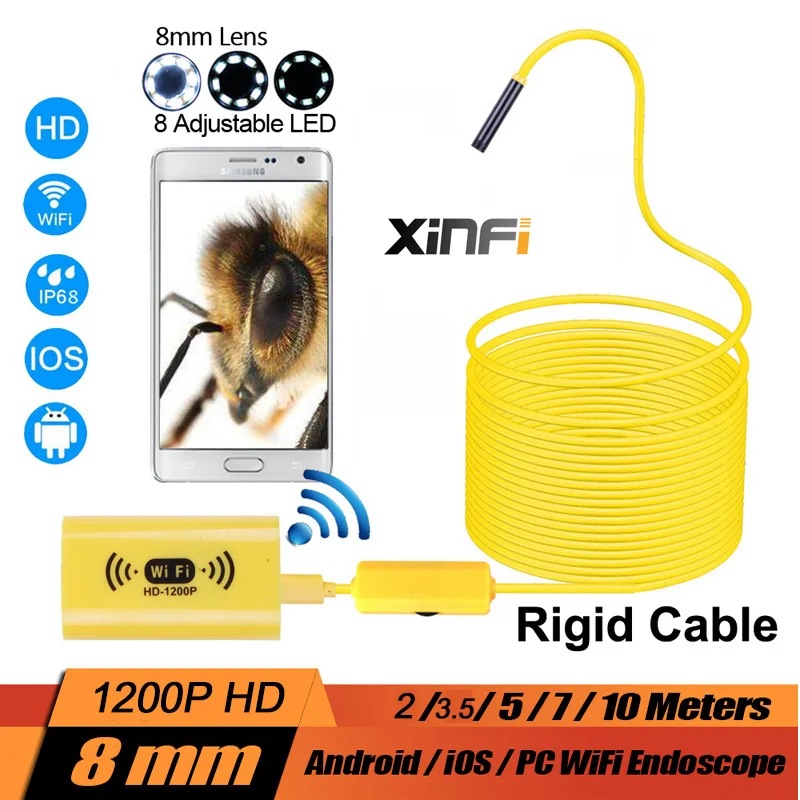 

XINFICAM Wifi endoscope 1200P HD camera 8mm for Android iOS iphone Wire pipe Snake Camera car inspection camera Semi-rigid cable