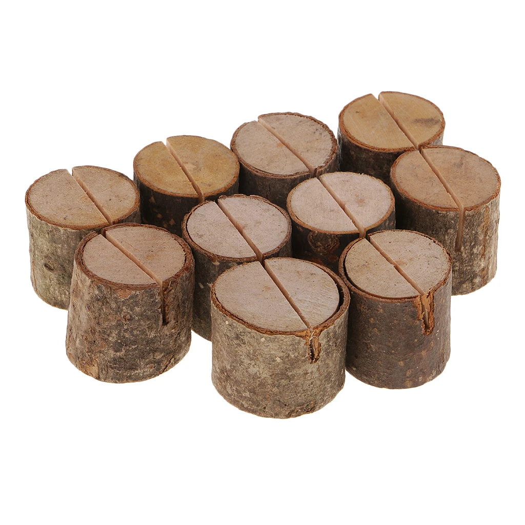 10x Vintage Wood Log Blocks Party Table Number Stand Place Name Card Holder Message Clips for Wedding Table Decoration