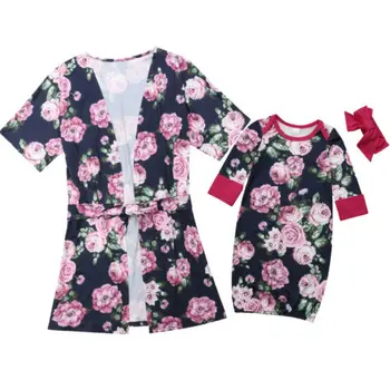 

2020 Lady's Mother Baby Matching Pajamas Robe Flower Long Sleeve Sleepwear Swaddle Clothes