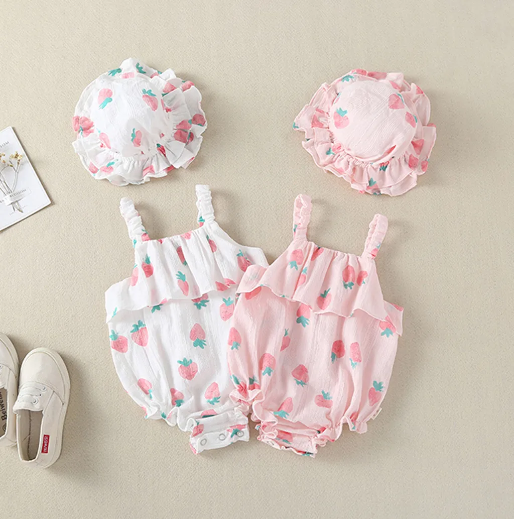 

Newborn Infant Baby Girls Straps Strawberry Print Romper Sunsuit+Hat Baby Clothes Bebek Tulum Baby Girl Romper Roupa Infantil