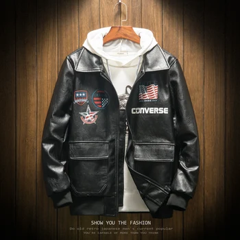 

American Flag Jacket Great Pilot Leather Jacket Moto Biker US Star Detachable Collar Man's Faux Leather Coats Windbreaker J8016