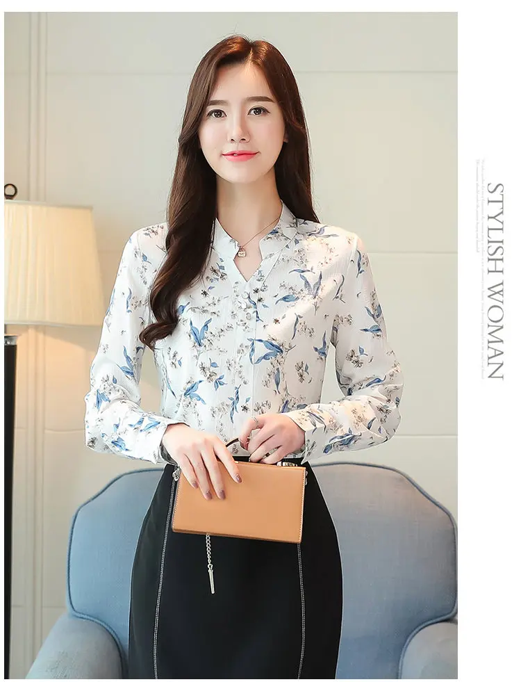 2019 New Autumn Chiffon Blouse Women Ladies Shirts Floral Print Blusas Mujer V-neck Long Sleeve Shirt Women Tops Plus Size (4)