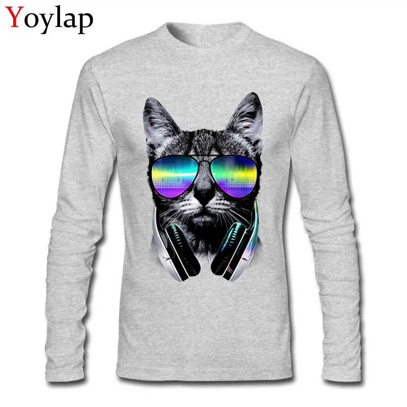 2017 Fashion Men's T Shirt O-Neck Summer Fall Long Sleeve Cotton Fabric Tops Shirts Music Lover Cat V.II Custom Clothing Shirt Music Lover Cat V.II grey