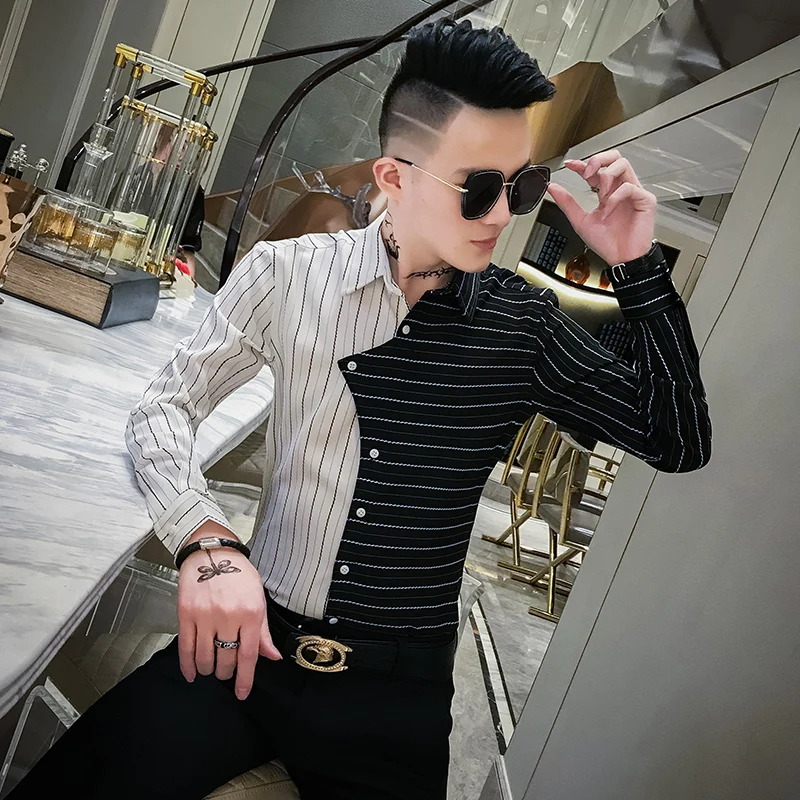Goedkoop Herfst Nieuwe Smoking Shirt Persoonlijkheid Patchwork Gestreepte Shirts Voor Mannen Kleding 2019 Lange Mouw Heren Causale Shirts Slim Fit Jurk