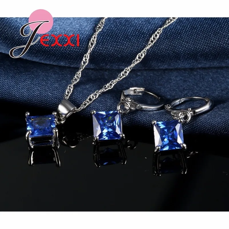 Jemmin элегантный синий кристалл наборы свадебных ювелирных изделий тонкой 925 пробы серебряный кулон цепочки и ожерелья серьги набор для женщи