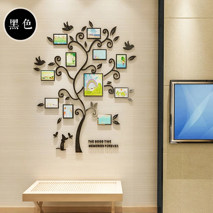 Дерево дизайн DIY 3D акриловые настенные наклейки с фоторамками Прихожая вход декоративные наклейки на стены стикеры гостиная обои - Цвет: Black