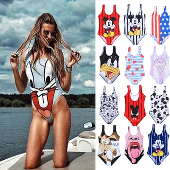 Swimsuit 2019 One Piece Bikini Push Up Cartoon Print One Piece Thong Monokini String Bathing Suit Women Plus Size Swimwear