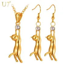 U7 Lovely Cat Pendant Necklace Earrings Set Gift For Women Rhinestone Yellow Gold Plated Jewelry Sets S3103