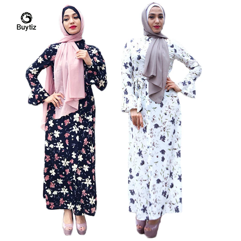 

Buytiz Long Robe Gowns Black White Floral Print UAE Casual Muslim Abaya Maxi Kimono Ramadan Arabic Dubai Caftan Islamic Clothing