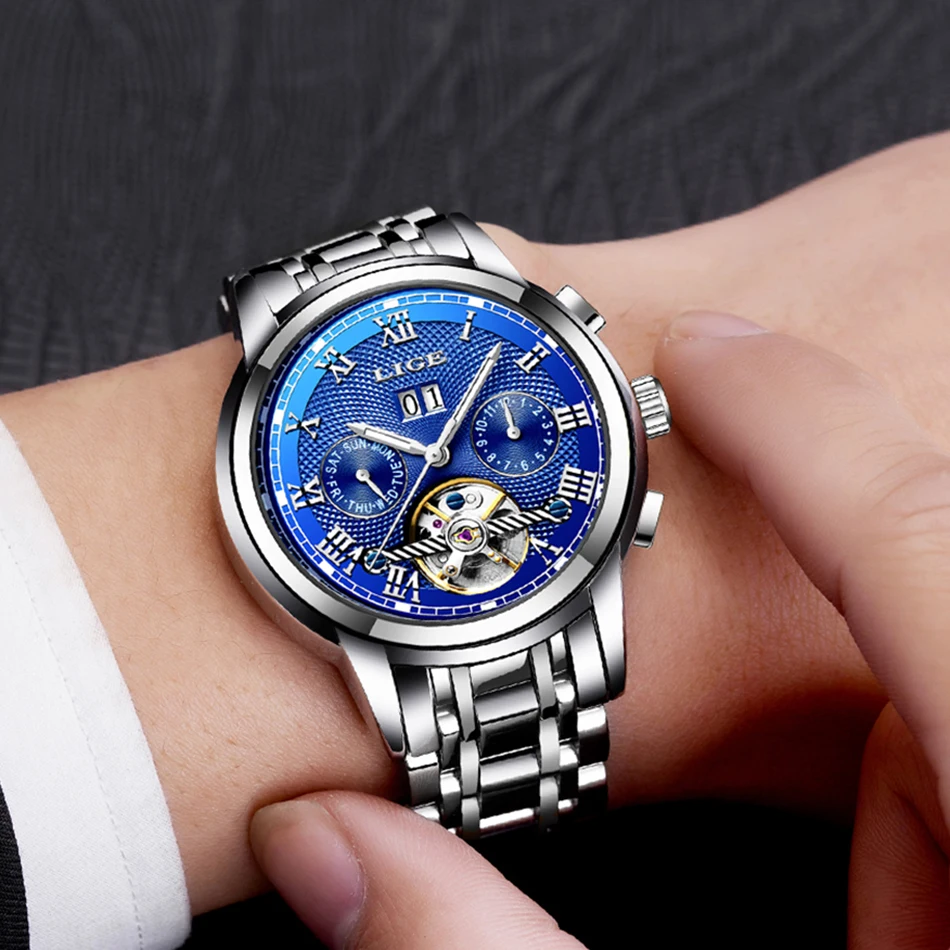 LIGE классические часы для мужчин спортивные водонепроницаемые автоматические механические часы из нержавеющей стали полые автоматические наручные часы Мода ретро