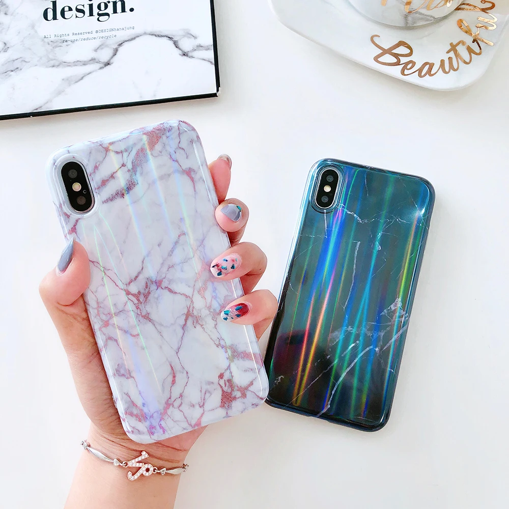 Case For iPhone X Xr Xs Max Cover Korean Laser Marble Skin Soft TPU Girly  (7)
