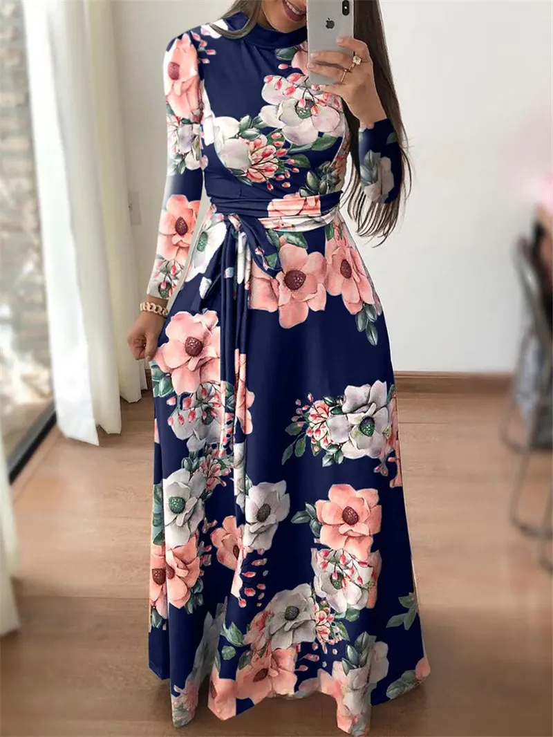 Лидер продаж, женское летнее повседневное длинное Пляжное Платье макси с цветочным принтом в стиле бохо, элегантное Бандажное платье с высоким воротом, Vestido - Цвет: Blue Long Sleeve