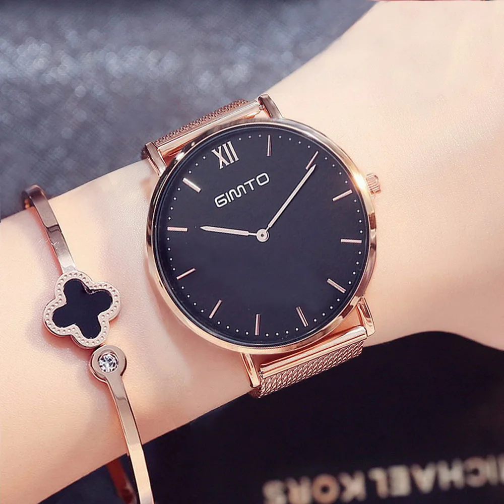 Fashion Casual Women Watches Rose Gold Elegant Black Color GIMTO