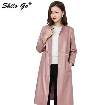 

SHILO GO Leather Trench Womens Spring Fashion sheepskin genuine Leather long coat Stand collar beading waist long sleeve pink