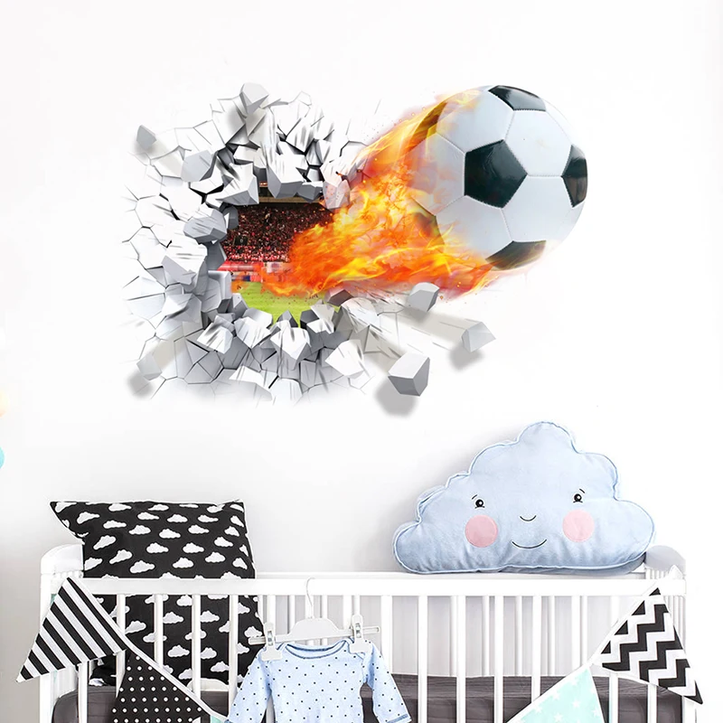 3D View Firing Football Through Wall Stickers For Home Kids Room Decoration Accessories Soccer PVC Mural Art Sport Game Poster 3D View Firing Football Through Wall Stickers For Home Kids Room Decoration Accessories Soccer PVC Mural Art Sport Game Poster