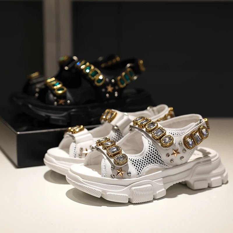 

2019 New Luxury Brand Chunky Platform Rhinestone Sandals Designer Toe Leather Sandals Women Diamond Glitter Sandals