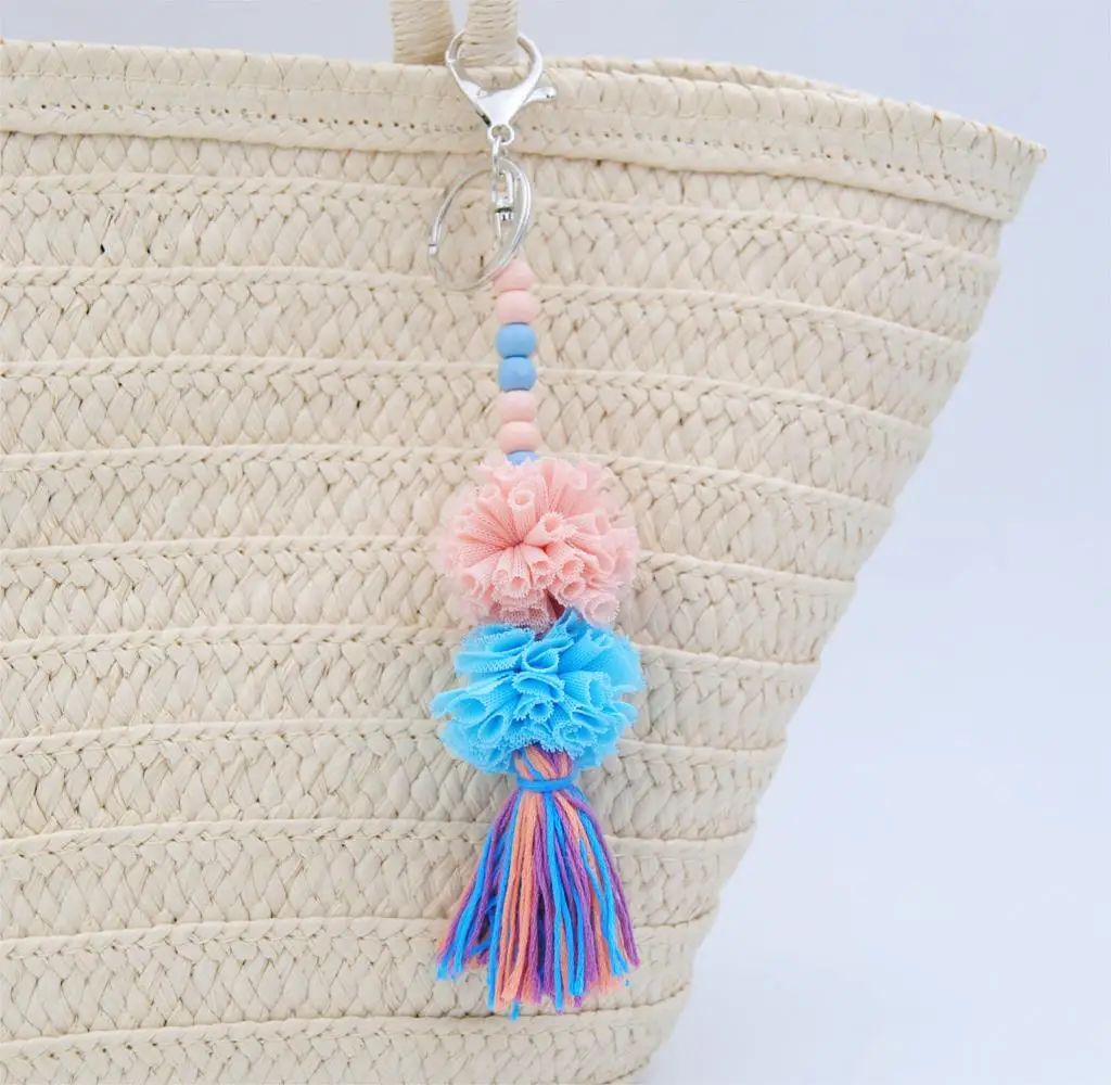

1pc Colourful Boho Chic Pompon Tassel Keychain Silver Clip Bag Charm Fur Ball Decoration DIY Keyring
