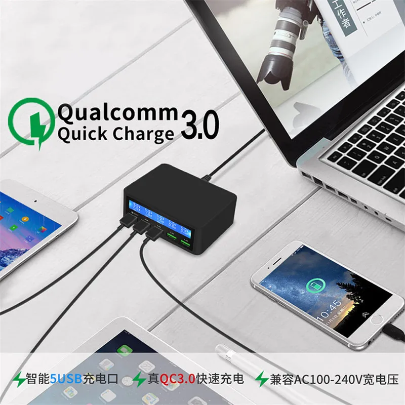 Quick Charge 3.0 Smart 5 Ports USB Phone Charger LED Display Fast Charging Power Socket Adapter Strip Station For iPhone SAMSUNG (5)