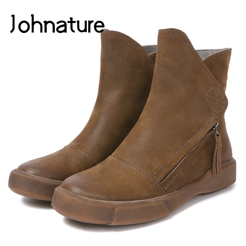 

Johnature New 2019 Winter Solid Round Toe Short Plush Sewing Zipper Casual Retro Ankle Flat Platform Boots Women Shoes