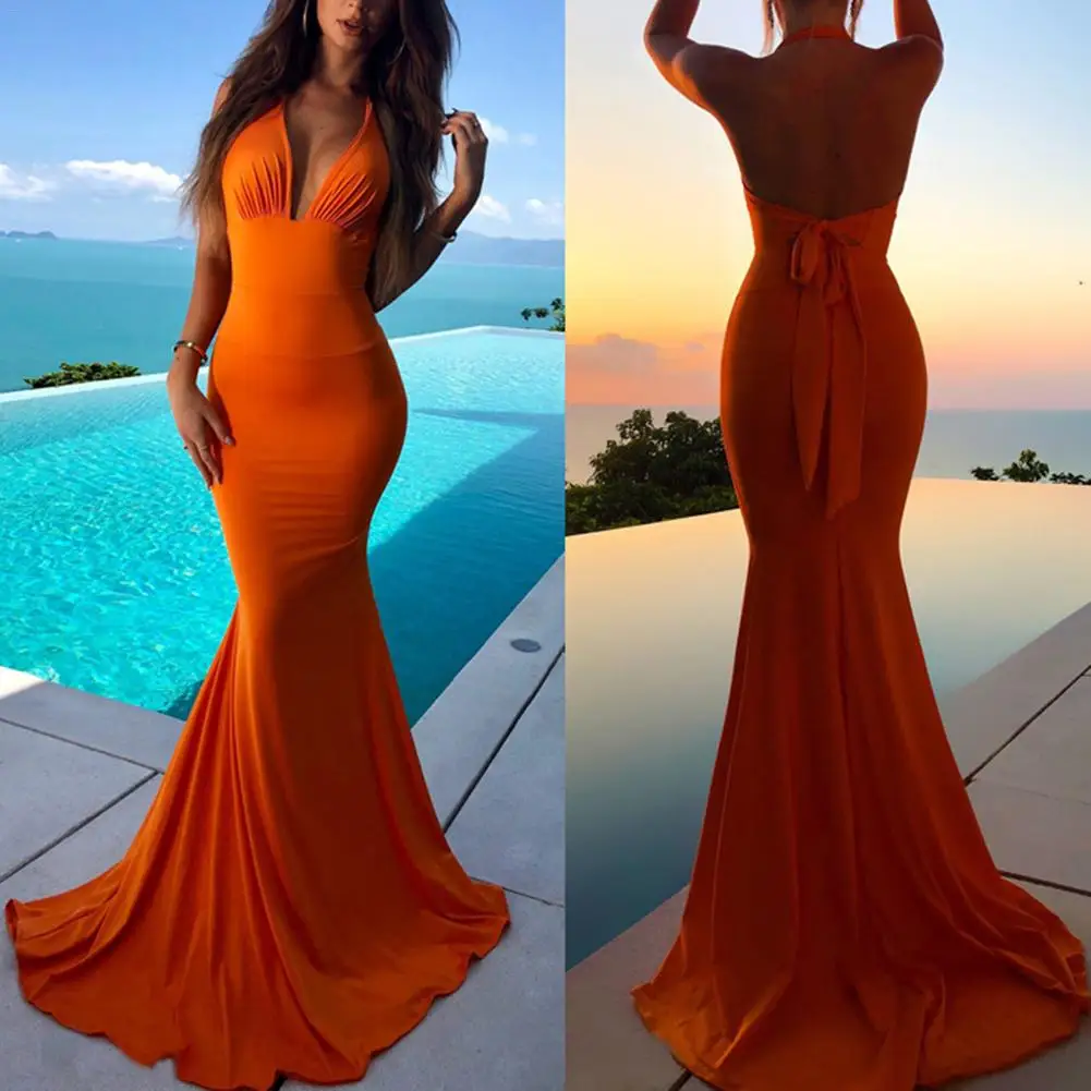 Пол Длина ужин Макси платье Sexy Глубокий V средства ухода за кожей шеи Bodycon