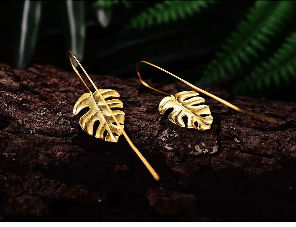 Lotus Fun Настоящее 925 пробы серебро Креативный дизайн ручной работы ювелирные украшения 18 К Золотые листья монстеры Висячие серьги для женщин Bijoux
