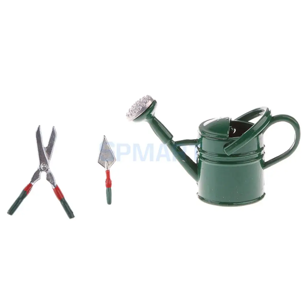 

1/12 Scale Dollhouse Miniatures Green Watering Can and Gardening Tools Set Garden Decoration Accessories