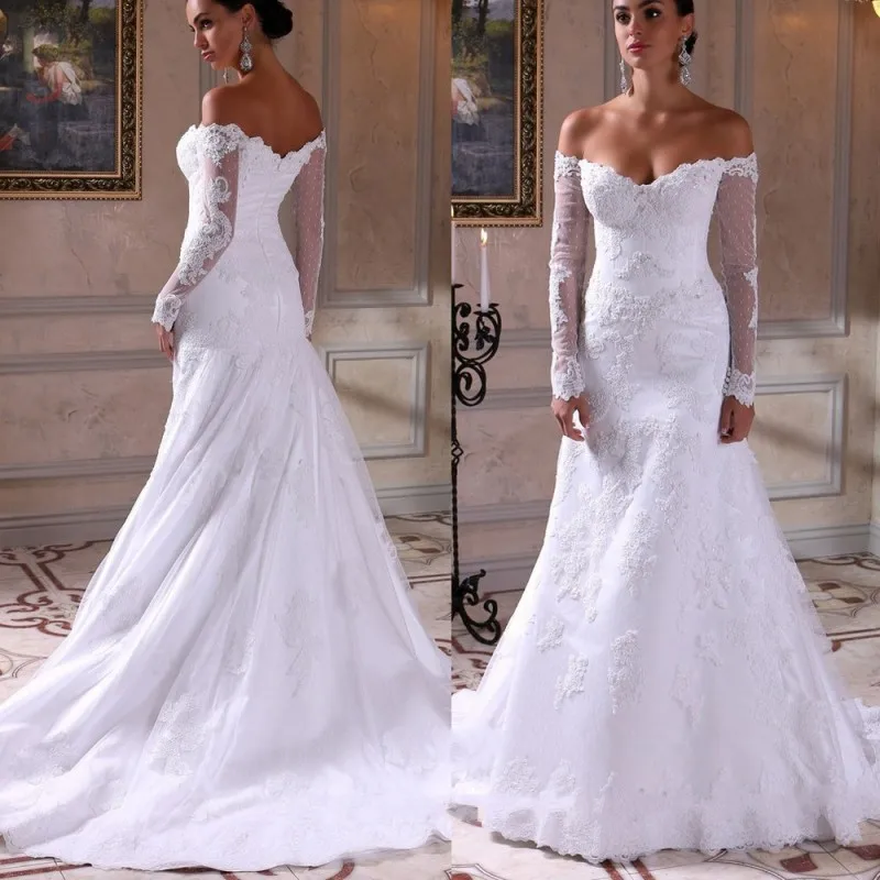 Off the Shoulder Lace Arabic Mermaid Wedding Dress 2016 Vintage Long Sleeve Muslim Bride Bridal Gown