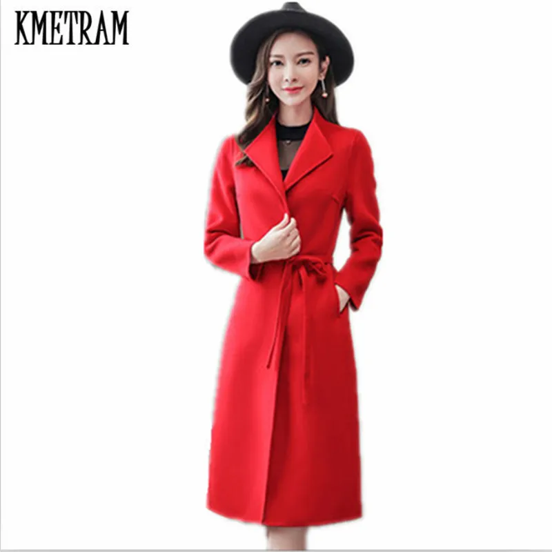 

KMETRAM 2019 New Women Autumn Winter Coats 100% Double Side Cashmere Overcoat Black Wool Coat For Women Coat Manteau Femme HH751