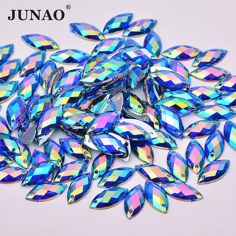 

JUNAO 7*15mm Sewing Blue AB Crystals Horse Eye Rhinestones Flat Back Acrylic Stones Sew On Crystal Beads Appliques For Dress