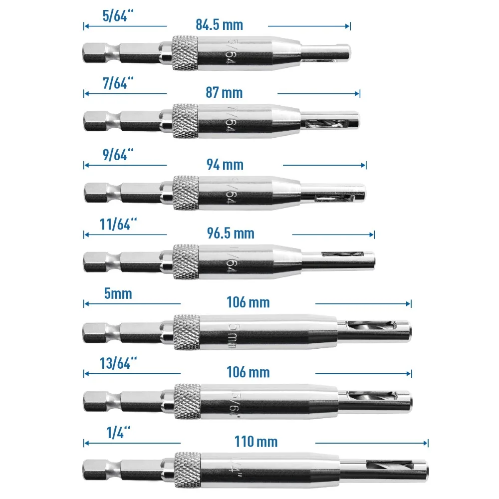 QWORK 7Pcs Self Centering Clic Change Door Hinge Drill Bit Set, 5/64", 7/64", 9/64", 11/65", 5mm, 13/64", 1/4"