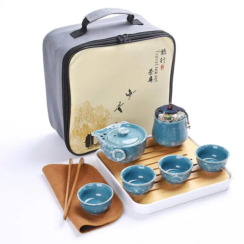 Китайский дорожный чайный набор кунг-фу, керамическая портативная чайная чашка с бамбуковым поддоном, фарфоровые чайные чашки Gaiwan, кружка для чайной церемонии - Цвет: skyblue  b
