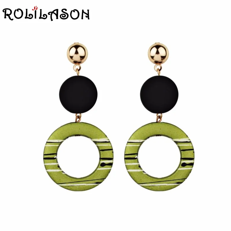 

ROLILASON simple design style acrylic green personality stripe hollow long earrings charm business gifts female models je1200
