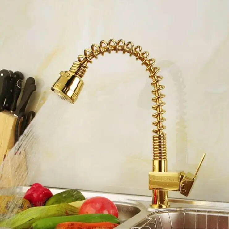 Free Shipping Fashion single lever Classic Pull Out Spring Golden Kitchen Faucets Mixers Tap Hot and